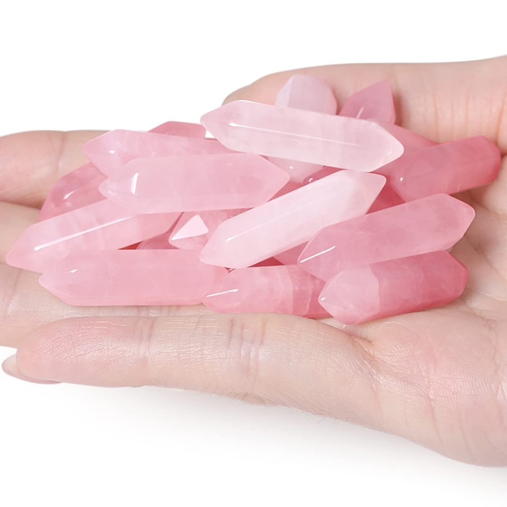 20 PCS Rose Quartz Healing Crystals Wands Bulk Stones Pointed Polished Tumbled Natural Hexagonal Reiki Energy Balancing Meditation Therapy Pink Stone Set Christmas Gift
