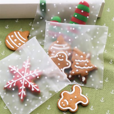 Winwinfly 100PCS Clear Self Adhesive Cookie Bags Treat Bags, Cellophane Bags, White Polka Dot Cookie Bags for Packaging Cookies,Candy