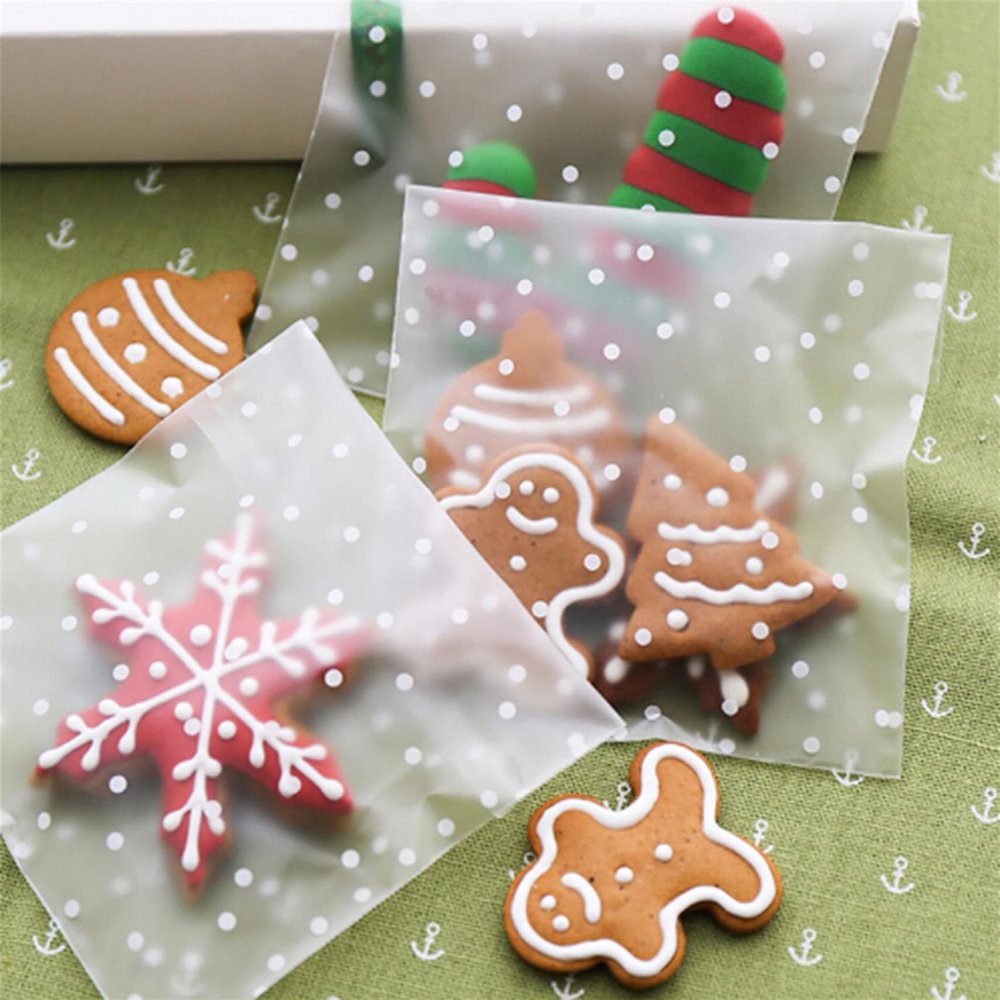 Winwinfly 100PCS Clear Self Adhesive Cookie Bags Treat Bags, Cellophane Bags, White Polka Dot Cookie Bags for Packaging Cookies,Candy