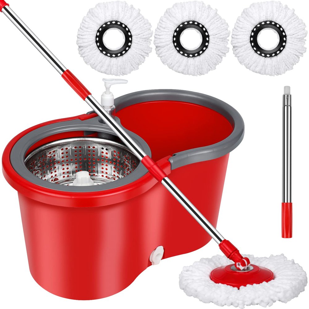 Spin Mop and Bucket Set, 360 Spin Mop and Bucket with Wringer Set and 3 Microfiber Mop Refills, Stainless Steel 61" Extended Handle Spinning Mop Bucket System for Floor Cleaning
