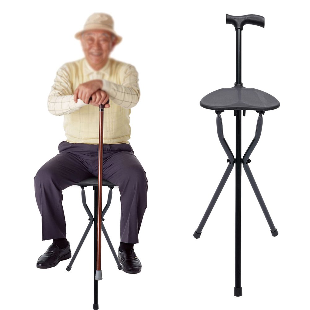 250lbs Load Tripod Cane Chair,0.6lb Lightweight Elderly Crutches,Aluminum Crutches Foldable Tripod Chair Seat Stool,Rubber Foot Pad Anti-Slip,Collapse Elderly Cane