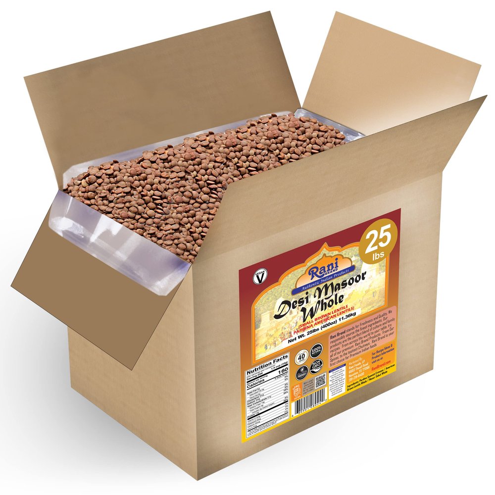 Rani Desi Masoor (Masur) Whole 400oz (25lbs) 11.36kg (aka. Pardina Spanish/American Brown Lentils Whole) Bulk Box ~ All Natural | Vegan | NON-GMO | Kosher | Gluten Friendly | Product of USA