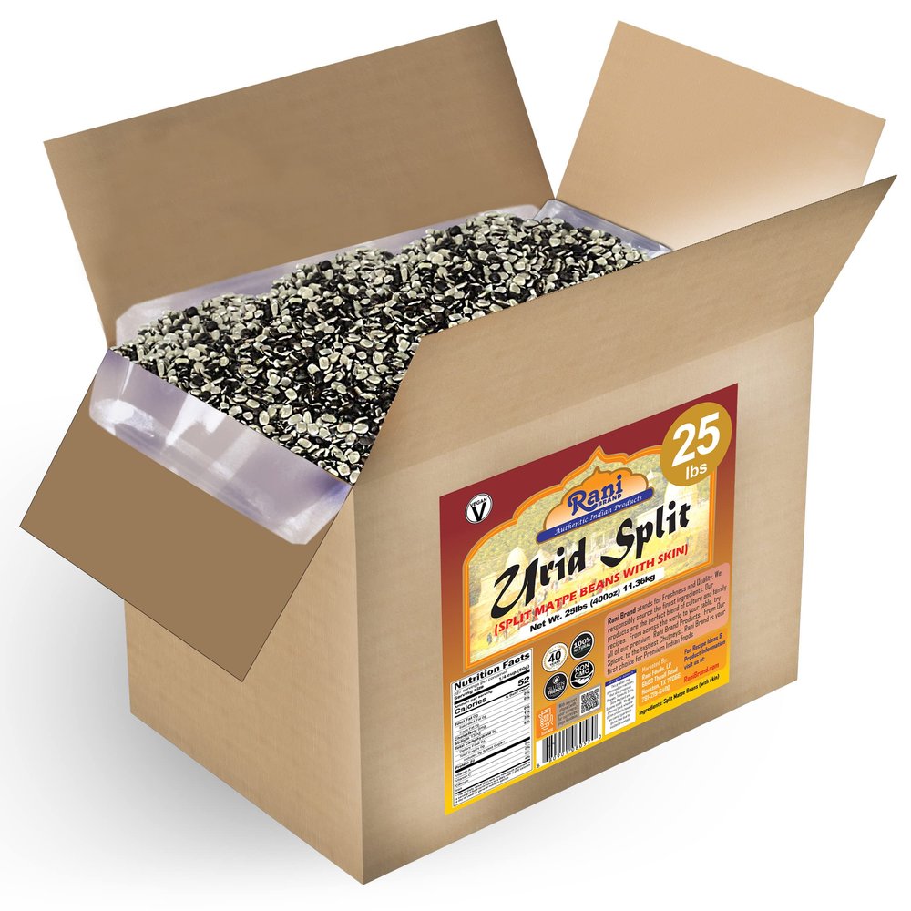 Rani Urid/Urad Split Chilka (Split Matpe Beans with Skin) Indian Lentils 400oz (25lbs) 11.36kg Bulk Box ~ All Natural | Gluten Friendly | Non-GMO | Kosher | Vegan | Indian Origin
