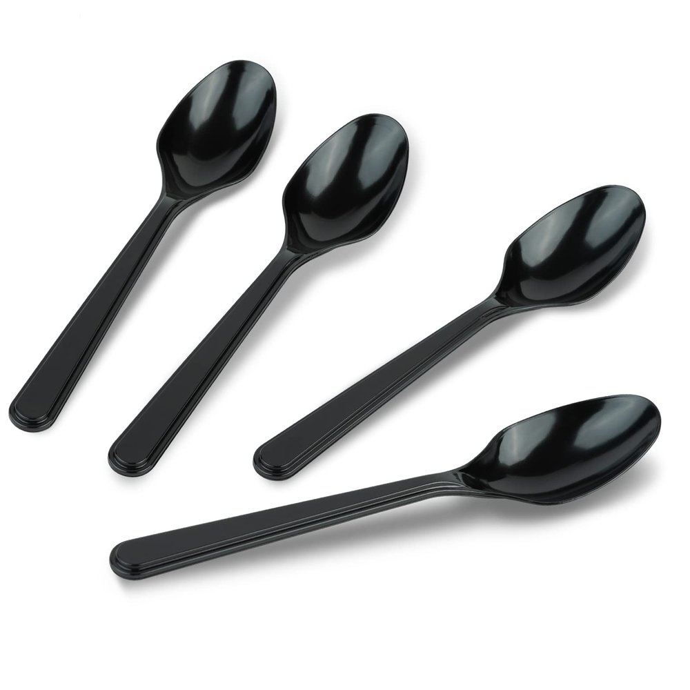 PlasticPro 300 Pack Heavy Weight Plastic Spoons Black Disposable Spoons Bulk Plastic Cutlery Set