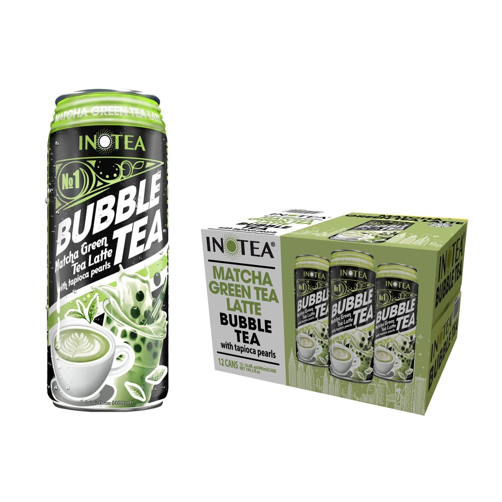 (Pack of 12) INOTEA Bubble Tea | Choose One from 5 Flavors: Brown Sugar, Taro, Honeydew, Banana, Matcha Latte | Ready to Drink in a Can (16.6oz/can) | Black Milk Tea with Boba (Matcha Latte)