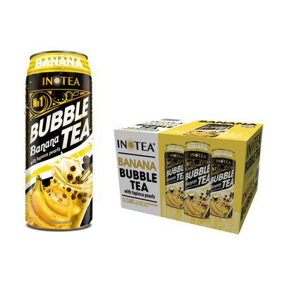 (Pack of 12) INOTEA Bubble Tea | Choose One from 5 Flavors: Brown Sugar, Taro, Honeydew, Banana, Matcha Latte | Ready to Drink in a Can (16.6oz/can) | Black Milk Tea with Boba (Banana)