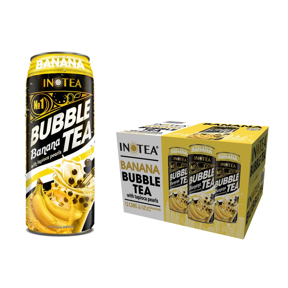 (Pack of 12) INOTEA Bubble Tea | Choose One from 5 Flavors: Brown Sugar, Taro, Honeydew, Banana, Matcha Latte | Ready to Drink in a Can (16.6oz/can) | Black Milk Tea with Boba (Banana)