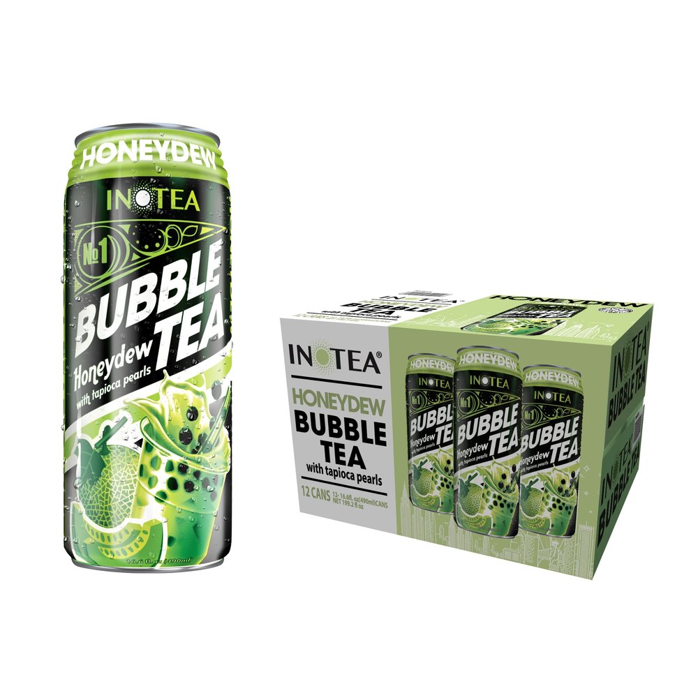 (Pack of 12) INOTEA Bubble Tea | Choose One from 5 Flavors: Brown Sugar, Taro, Honeydew, Banana, Matcha Latte | Ready to Drink in a Can (16.6oz/can) | Black Milk Tea with Boba (Honeydew)