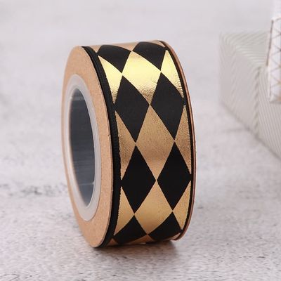 YASECO 8 Yards/Roll 25mm Gold Foil Printed Rhombus Satin Ribbon Suitable for Hair Bow Making Supplies Gift Wrapping Wedding Christmas Decoration Decorate Lace (Color : Black 030)
