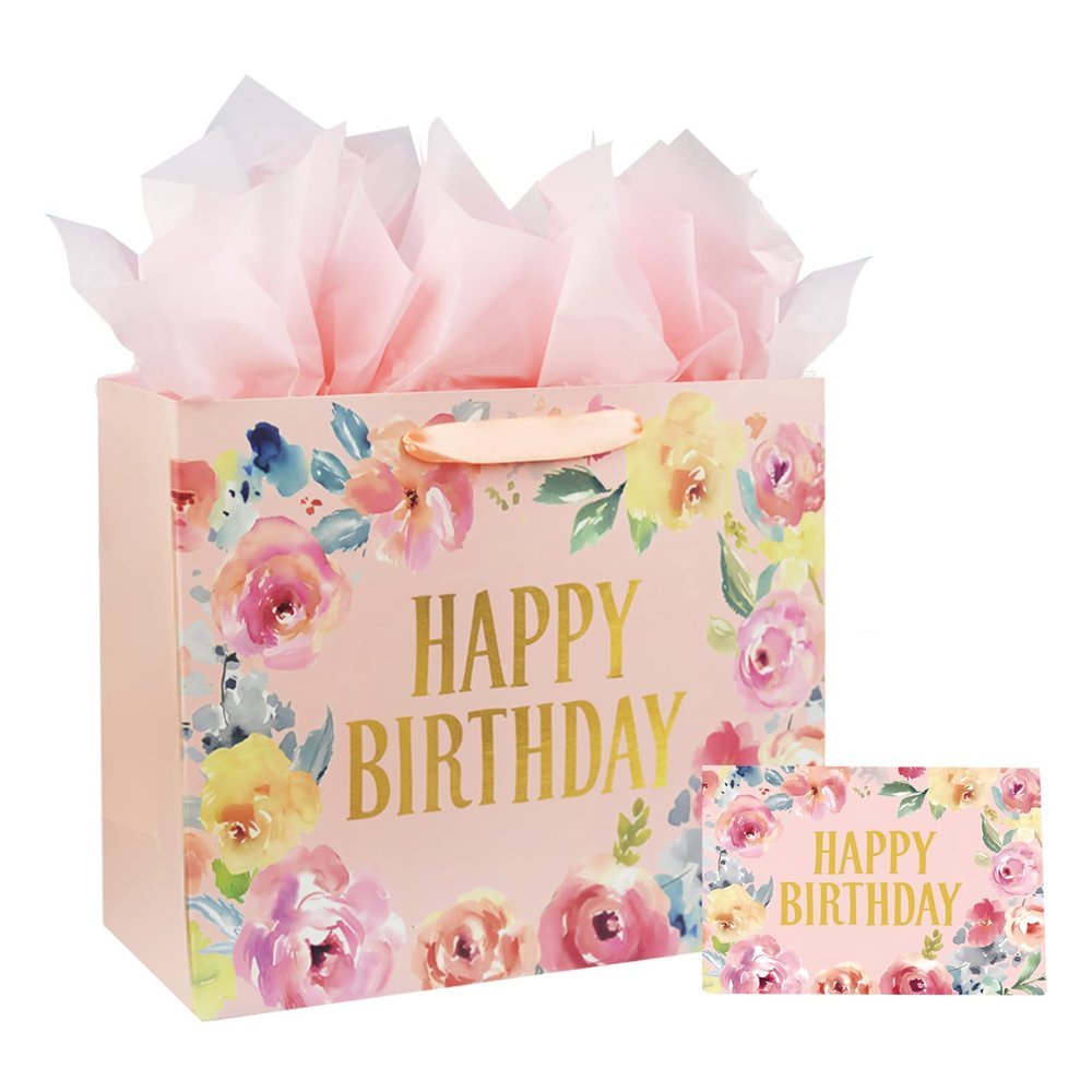 13" Large Happy Birthday Gift Bag with Card and Tissue Papers, Handles Floral Design for Women Girls Birthday Party (13" Pink)
