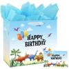 13" Large Watercolor Dinosaur Birthday Gift Bag for Boy Kids with Card and Tissue Papers (13" Blue) view 1