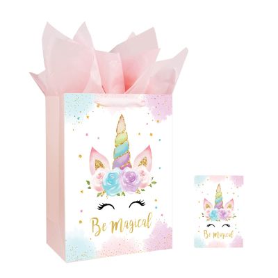 13" Large Unicorns Gift Bag for Birthday Baby Shower Baby Girl Gift Bag with Card and Tissue Papers Watercolor Design
