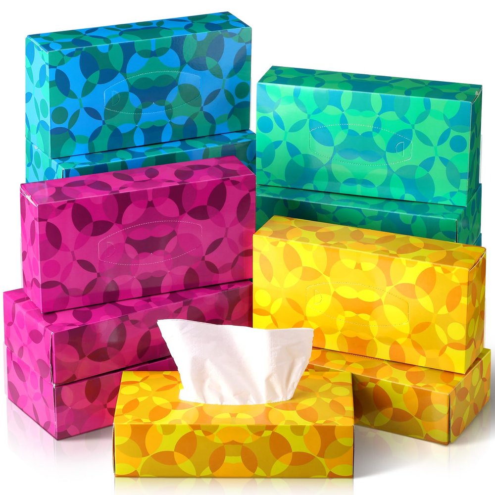 Yinder 12 Packs 1560 Sheets Soft Facial Tissues Box 2 Ply 130 Sheets Per Box Household Facial Tissues Bulk Fit for Bathroom Kitchen Office Car Home Use(Abstract Geometry)