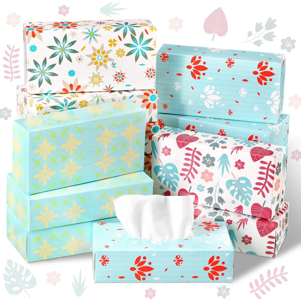 Yinder 12 Packs 1560 Sheets Soft Facial Tissues Box 2 Ply 130 Sheets Per Box Household Facial Tissues Bulk Fit for Bathroom Kitchen Office Car Home Use(Plant Flower)