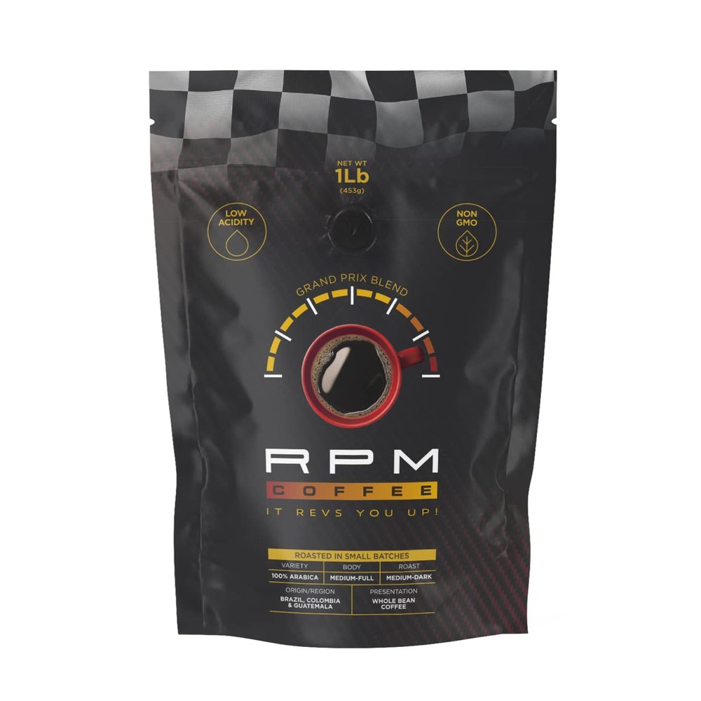 1LB RPM Grand Prix Premium Coffee, Standard Caffeine - Supercharged Flavor, Medium-Dark Roast, 100% Arabica Beans, Low Acidity
