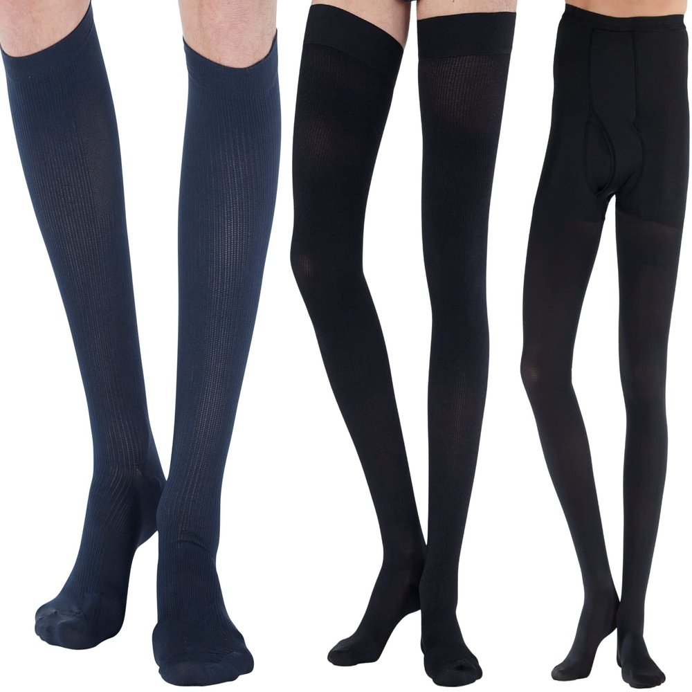 (3 Pairs) Made in USA - Circulating Dress Compression Socks 20-30mmHg for Men & Women - Knee Hi Firm Support Stockings for Nursing Travel Flight Work - Navy & Black & Black