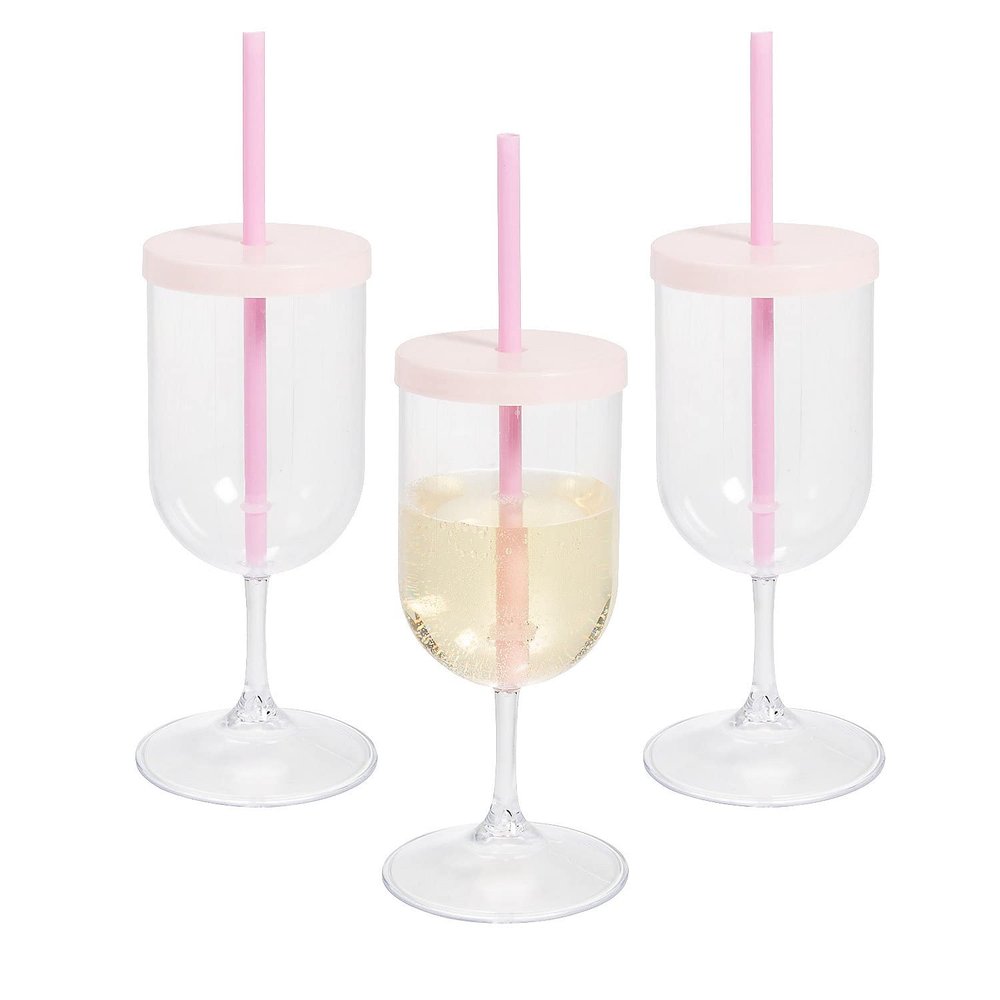 Fun Express Lidded Plastic Wine Glasses with Straws, 12 Pieces
