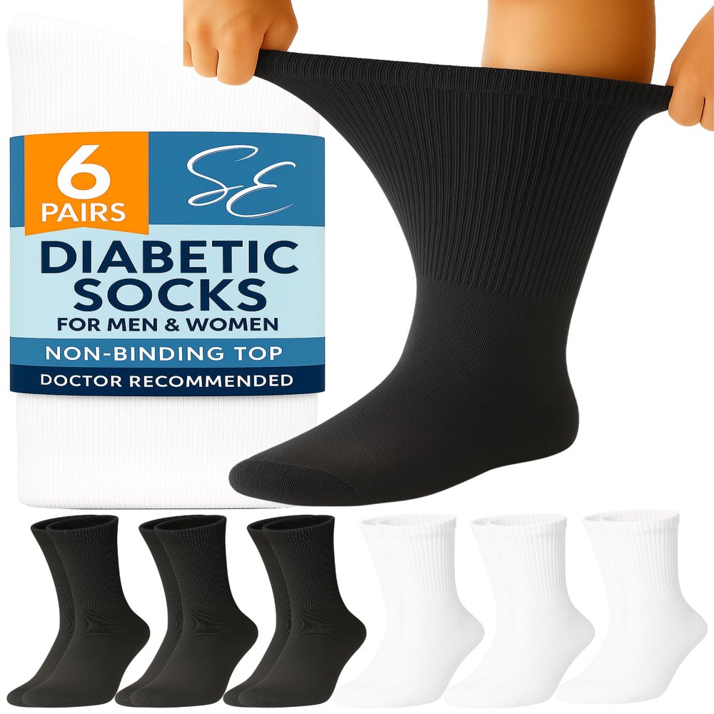 Special Essentials Diabetic Socks for Men & Women 6 Pairs of Non-Binding Extra Wide Top Cotton Neuropathy Socks Crew Length, Black and White, 13-15