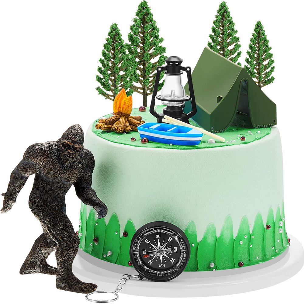 12 Pcs Bigfoot Camping Cake Topper Include Bigfoot Statue Camping Themed Party Cake Decoration Sasquatch Monsters Figure for Adults Camper Forest Theme Birthday Party Supplies
