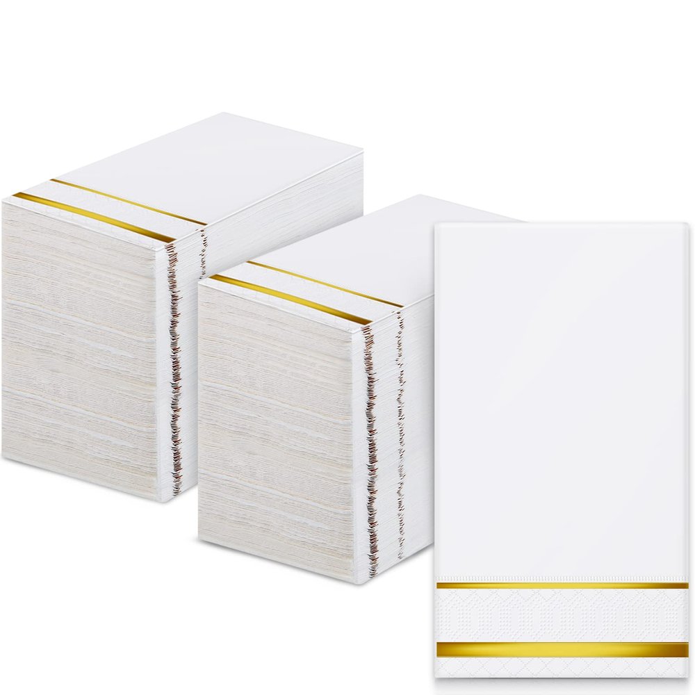 300 Pcs Disposable Guest Towels Guest Napkins Hand Towels for Wedding Graduation Bathroom Kitchen Party Dinners or Events (Gold,Stripe Pattern)