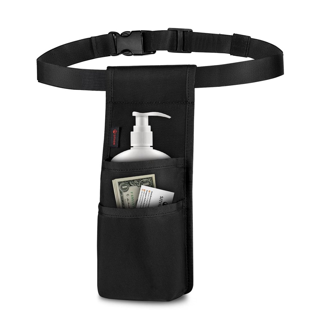 SITHON Professional Massage Bottle Bag for 1 Bottle, Lotion Oil Waist Holder Organizer, Massage Therapist Holster with Adjustable Belt, Multiple Pockets (Bag Only) (Black)