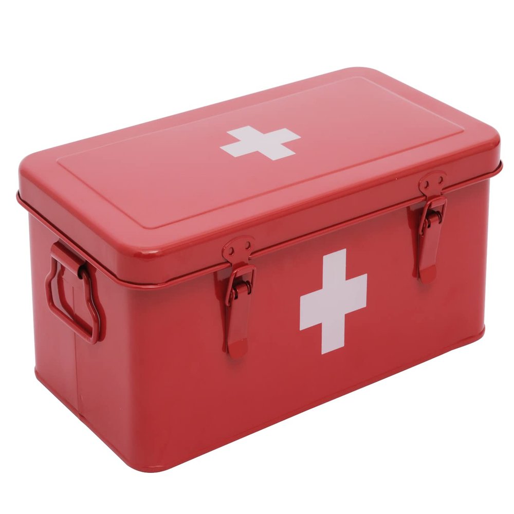 Xbopetda First Aid Medicine Box, First Aid Kit Supplies Bin, Metal Medicine Storage Tin, First Aid Empty Box with Safety Lock for Home Emergency Tool Set-Red