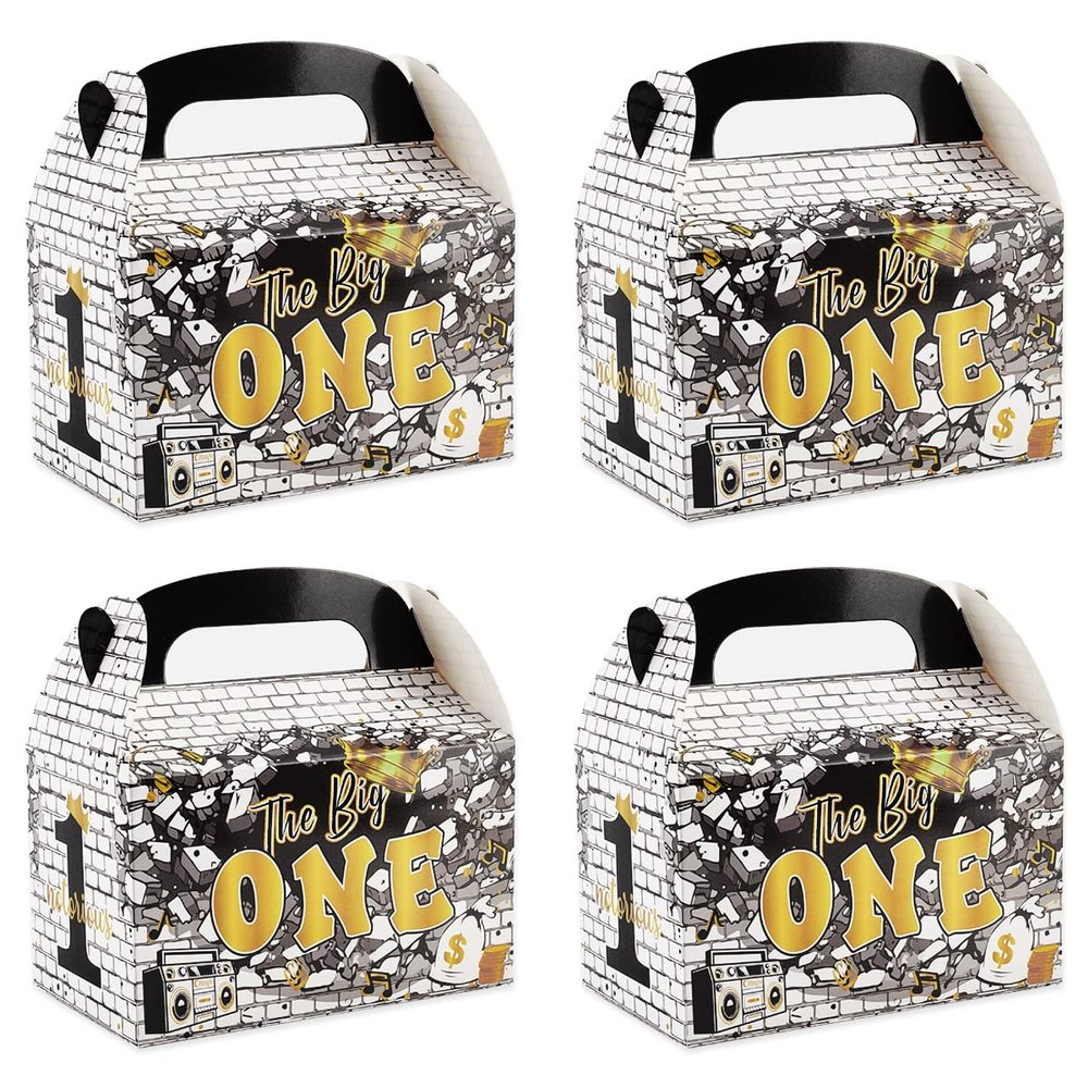 Fangleland 24pcs The Notorious One Party Favors Boxes, Black Gold 1st Birthday Treat Boxes with Handle - Hip Hop Theme Big One First Birthday Candy Gift Decorations for Boy