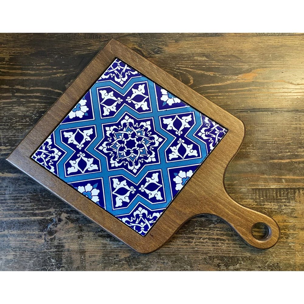Charcuterie Platter with Tile, Cheese Serving Tray for Wine, Personalized Chopping & Cutting Board, Wedding Anniversary Couple Wooden Gift (Pattern: A)