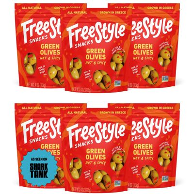 Freestyle Snacks Olive Snack Packs - As Seen on Shark Tank - Fresh Pitted Green Olives, Grown in Greece, All Natural, Non-GMO, Sugar-Free, Keto Snacks, Salty Snack - Hot & Spicy, 4oz (6 Pack)