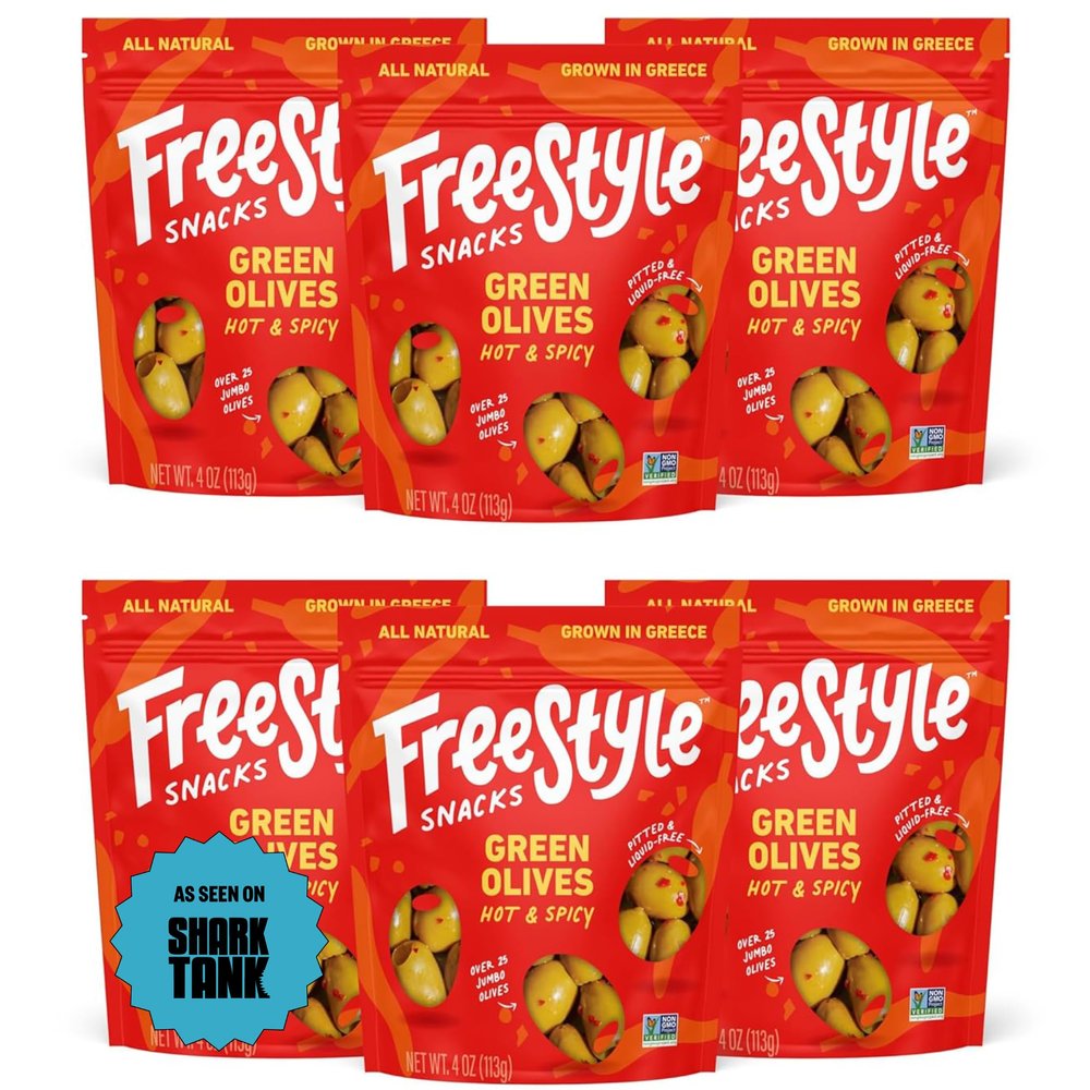 Freestyle Snacks Olive Snack Packs - As Seen on Shark Tank - Fresh Pitted Green Olives, Grown in Greece, All Natural, Non-GMO, Sugar-Free, Keto Snacks, Salty Snack - Hot & Spicy, 4oz (6 Pack)