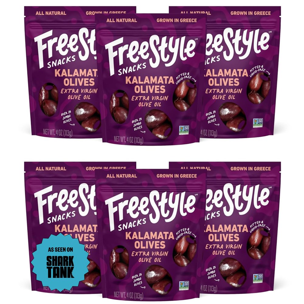 Freestyle Snacks, Olive Snack Packs - As Seen on Shark Tank - Fresh Pitted Kalamata Olives, Marinated in Extra Virgin Olive Oil, Salty Snack, Grown in Greece, All Natural, Non-GMO, 4oz (6 Pack)