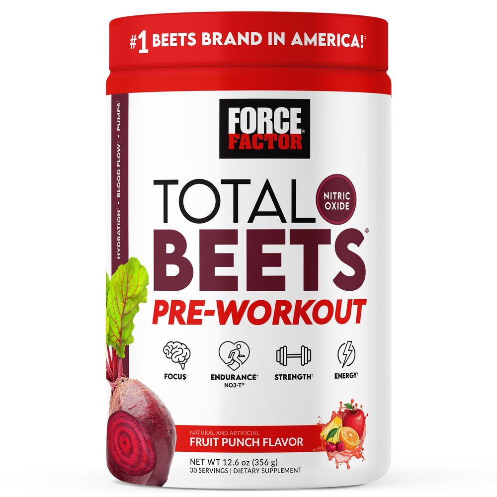 Force Factor Total Beets Pre-Workout Powder to Boost Energy & Endurance, Increase Strength, and Improve Blood Flow and Pumps, Nitric Oxide Supplement with Beet Root Powder, Fruit Punch, 30 Servings