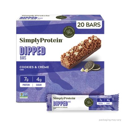 Simply Protein - Cookies and Crme Dipped Bars, 20 Count - Plant Based Protein Snack Bars - Snacks for Kids - 6g Protein, 3g Sugar, 100 Calories - Vegan, Gluten Free, Non GMO, Kosher - 4 Boxes