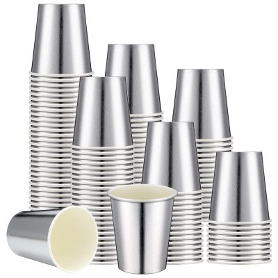 Amyhill 100 Pcs Disposable Silver Drinking Party Paper Cups 9 oz Iridescent Disco Lasering Cups for Hot Cold Drink Tea Coffee Cocktail for Home, Restaurant, Store and Cafe Party Supplies