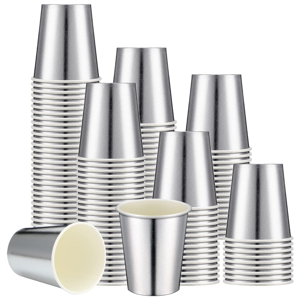 Amyhill 100 Pcs Disposable Silver Drinking Party Paper Cups 9 oz Iridescent Disco Lasering Cups for Hot Cold Drink Tea Coffee Cocktail for Home, Restaurant, Store and Cafe Party Supplies