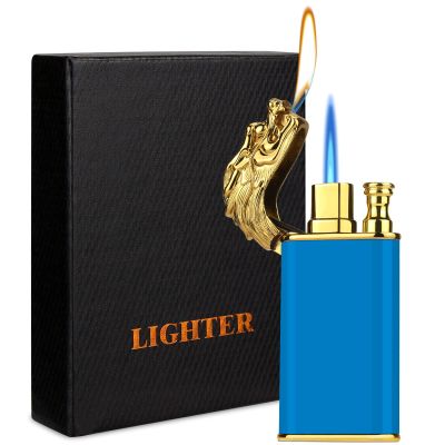 Cool Dual Flame Dragon Lighter,Outdoor Windproof Dragon Torch Lighter,Switchable Soft/Jet Flame Lighter,Double Flame Refillable Butane Lighter,Cool Lighter Creative Gift for Men Blue Without Butane