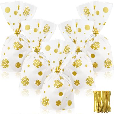 Outus 100 Pcs Christmas Favor Bags Snowflake Santa Claus Treat Bags Flat Cellophane Plastic Container for Bakery Cookies Candies Dessert with 100 Pieces Twist Ties(Snowflake,Gold, White)