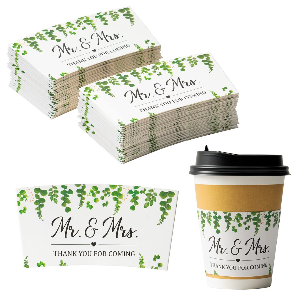 Haooryx Wedding Coffee Cups Sleeves - 50Pcs Eucalyptus Greenery Coffee Tea Cold Drinks Beverage Cup Sleeves Holder Disposable Greenery Kraft Paper Kit 12oz & 16oz Wedding Anniversary Party Supplies