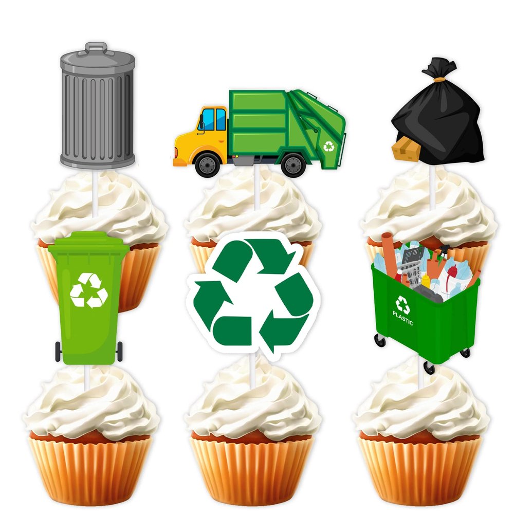 18pcs Green Glitter Truck Trash Cans Dessert Cupcake Topper Garbage Truck Waste Management Recycling Theme Decorations Boy Girl Happy Birthday Party Decor Supplies