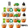 18pcs Green Glitter Truck Trash Cans Dessert Cupcake Topper Garbage Truck Waste Management Recycling Theme Decorations Boy Girl Happy Birthday Party Decor Supplies view 3