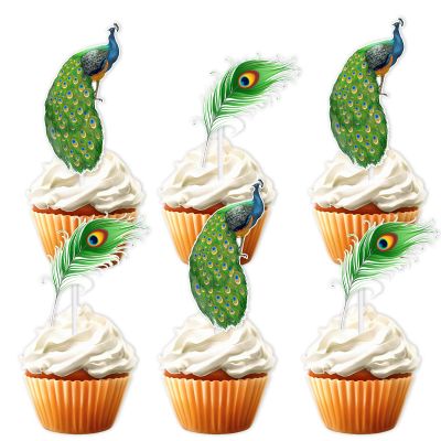 18pcs Green Glitter Peacock Feather Dessert Cupcake Topper Zoo Bird Peacock Theme Decorations Happy Birthday Party Decor Supplies