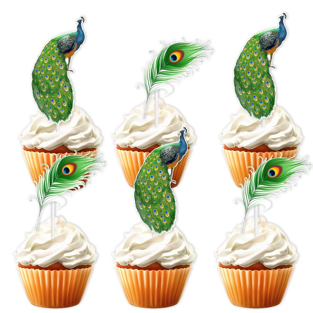 18pcs Green Glitter Peacock Feather Dessert Cupcake Topper Zoo Bird Peacock Theme Decorations Happy Birthday Party Decor Supplies