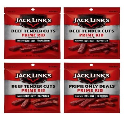 Jack Links Prime Rib Tender Bites, 1 oz Pack High-Protein, Low-Fat Beef Snack, Ready-to-Eat Meat Snack Pack of 4