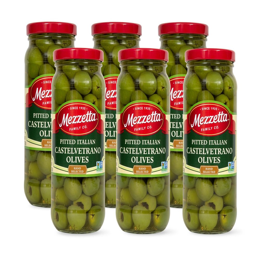 Mezzetta Pitted Castelvetrano Green Olives - Mild Buttery Flavor - Snacking & Recipes - Crisp, Meaty Texture - Perfectly Salted - No Bitterness - Ideal for Salads & Appetizers - 8 Oz Jar - Pack of 6