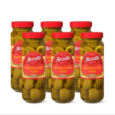 Mezzetta Jalapeo Stuffed Olives - Locally Grown Peppers from Napa Valley - Perfect Appetizer or Cocktail Addition - Crisp & Savory Green Fruits with Heat - Shipped Fresh - 6 Oz Jar - Pack of 6