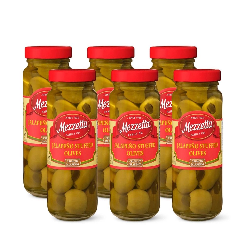 Mezzetta Jalapeo Stuffed Olives - Locally Grown Peppers from Napa Valley - Perfect Appetizer or Cocktail Addition - Crisp & Savory Green Fruits with Heat - Shipped Fresh - 6 Oz Jar - Pack of 6
