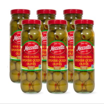 Mezzetta Pimiento Stuffed Spanish Queen Green Olives - Garnish for Martinis - Super Colossal Fruits - Firm Texture, Slightly Salty Flavor - Ideal for Snacks & Cheese Platters - 10 Oz Jar - Pack of 6