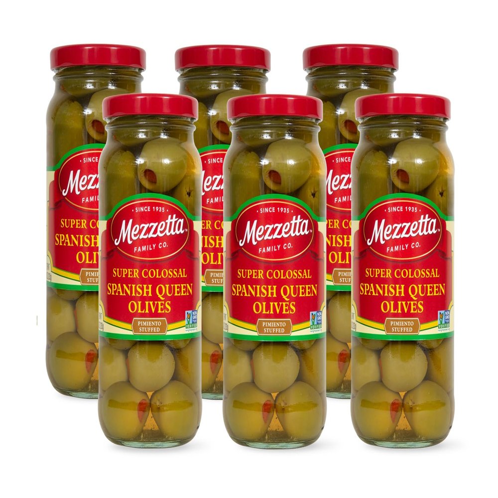 Mezzetta Pimiento Stuffed Spanish Queen Green Olives - Garnish for Martinis - Super Colossal Fruits - Firm Texture, Slightly Salty Flavor - Ideal for Snacks & Cheese Platters - 10 Oz Jar - Pack of 6