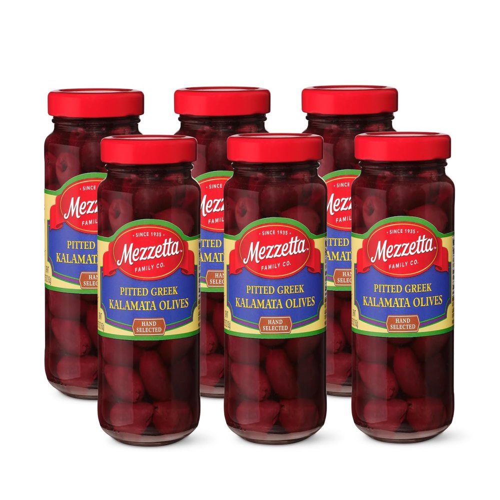 Mezzetta Pitted Greek Kalamata Olives - Rich Purple Olives from Greece for Mediterranean Recipes & Snacking - Convenient Pitted Olives for Easy Use - Succulent and Delicious - 5.75 Oz Jar - Pack of 6