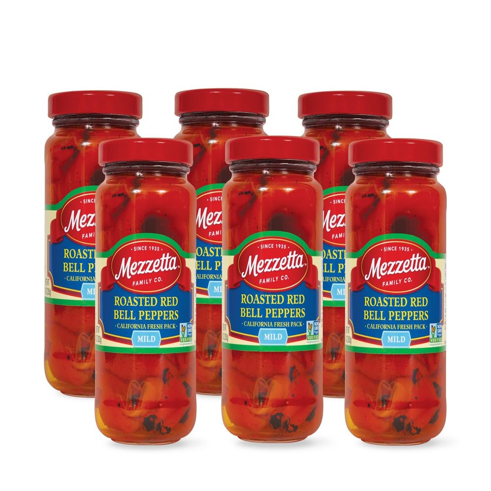 Mezzetta Roasted Red Bell Pepper Mild - Grown in California - Flame Roasted for Rich, Succulent Flavor - Vibrant Color & Tender Texture - Ideal for Fajitas & Frittatas - 16 OZ Jar - Pack of 6